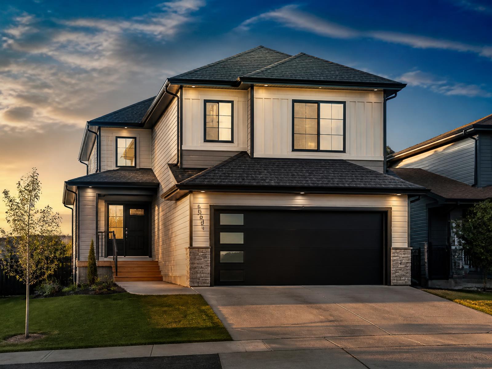 Edmonton home with a new charcoal shingle roof, light siding and black gutters